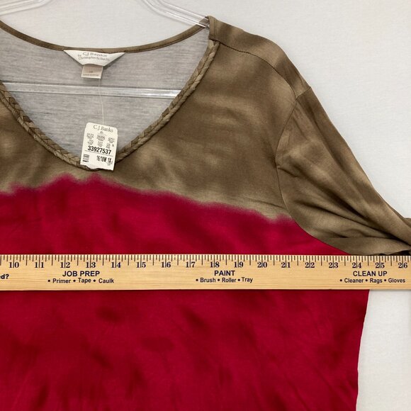 New Christopher & Banks sz 1X V Neck Brown Red Tie Dye Color-block Stretch Top - Picture 6 of 9